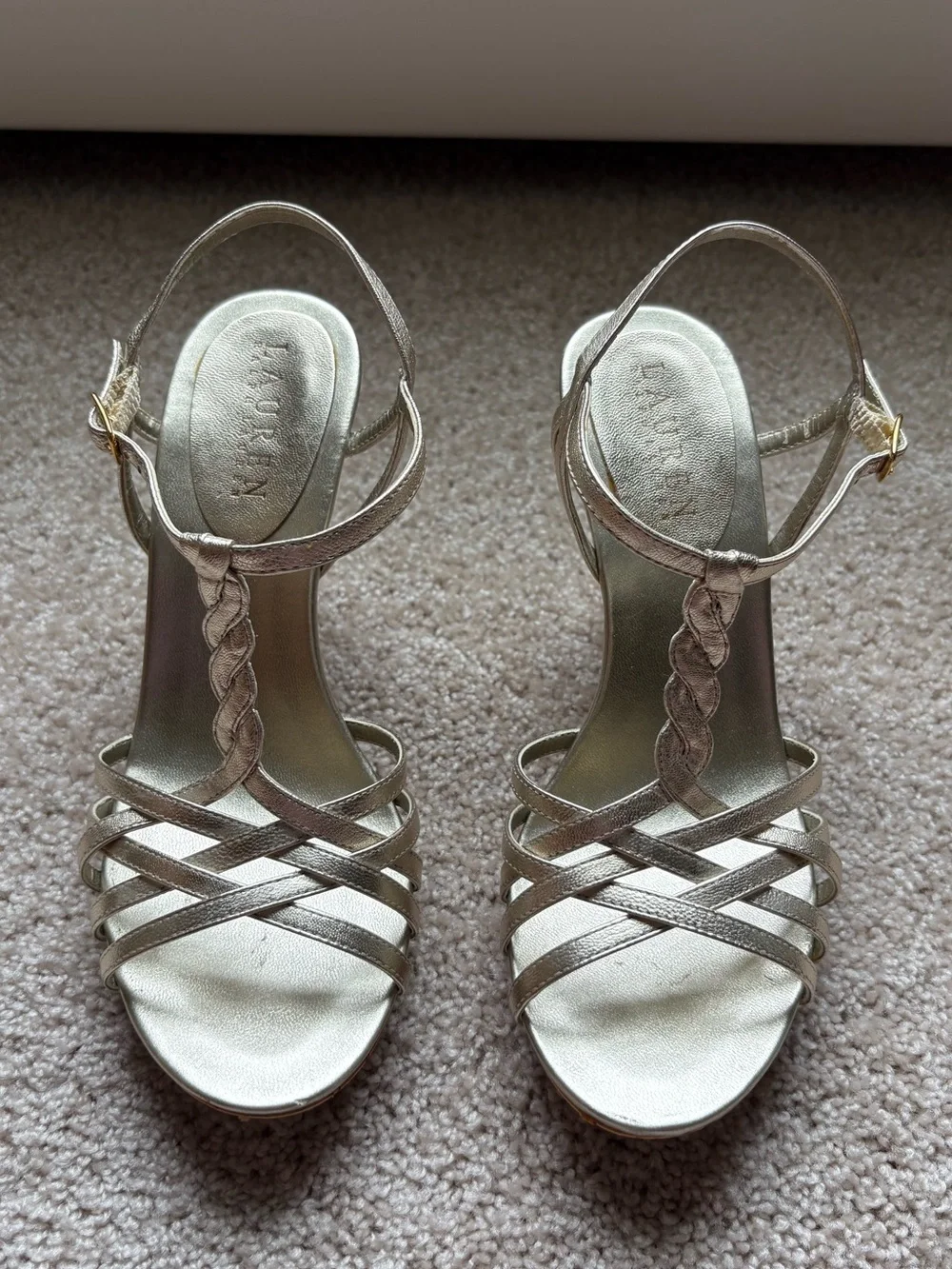 Lauren Ralph Lauren Metallic Gold Braided T-Strap Heels
